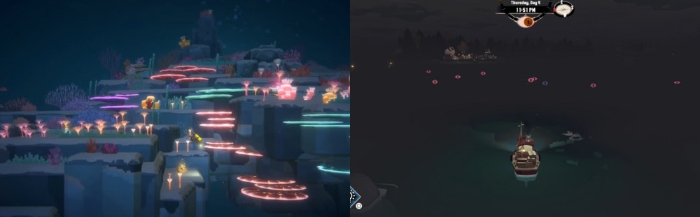 A comparison of night time gameplay between the two games. Dave the Diver (left) and Dredge (right)